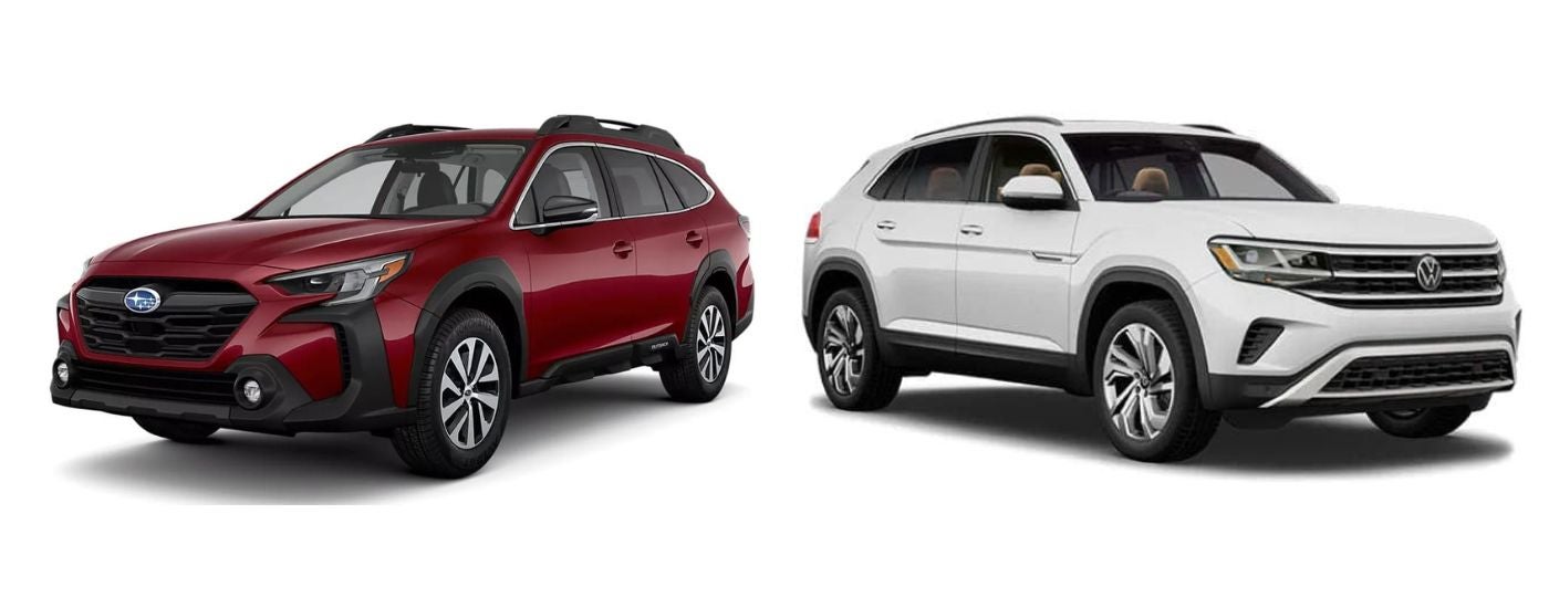 A red 2023 Subaru Outback is shown facing away from a white 2023 Volkswagen Atlas Cross Sport.