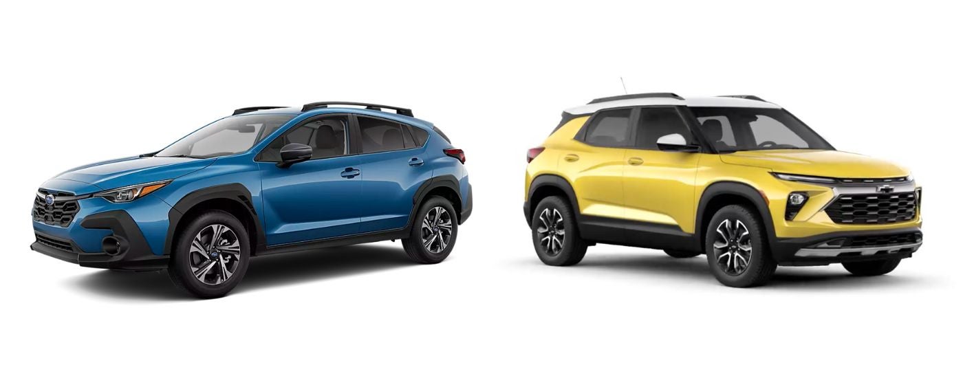 Stock image of a blue 2024 Subaru Crosstrek and a yellow 2024 Chevy Trailblazer angled away from each other
