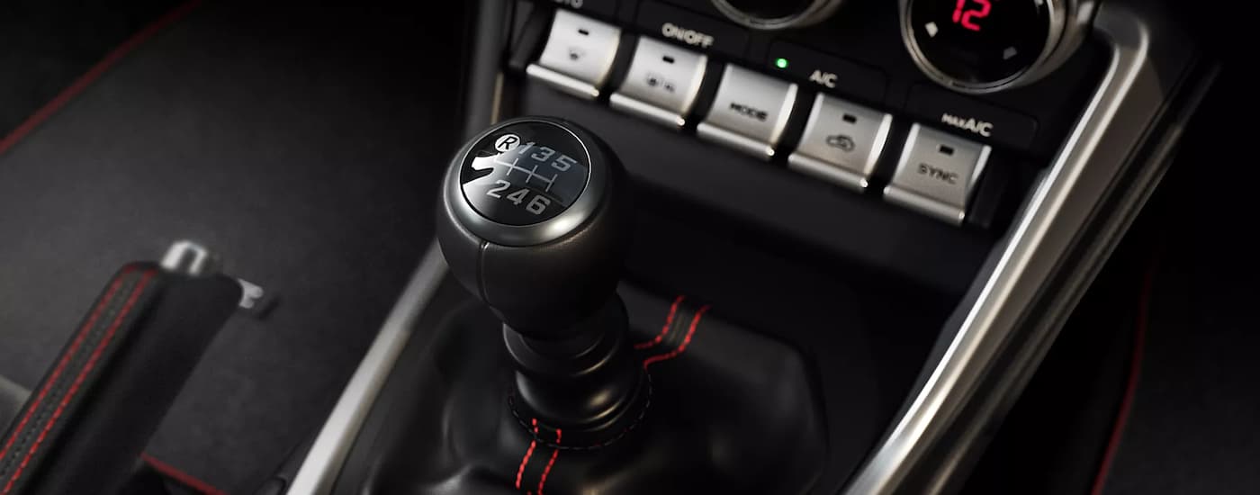 A close up shows the manual shifter in a 2023 Subaru BRZ.
