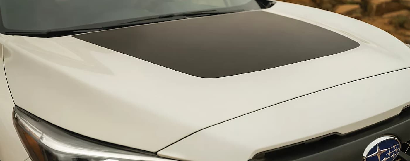A close up of the hood on a white and black 2024 Subaru Crosstrek Wilderness is shown.