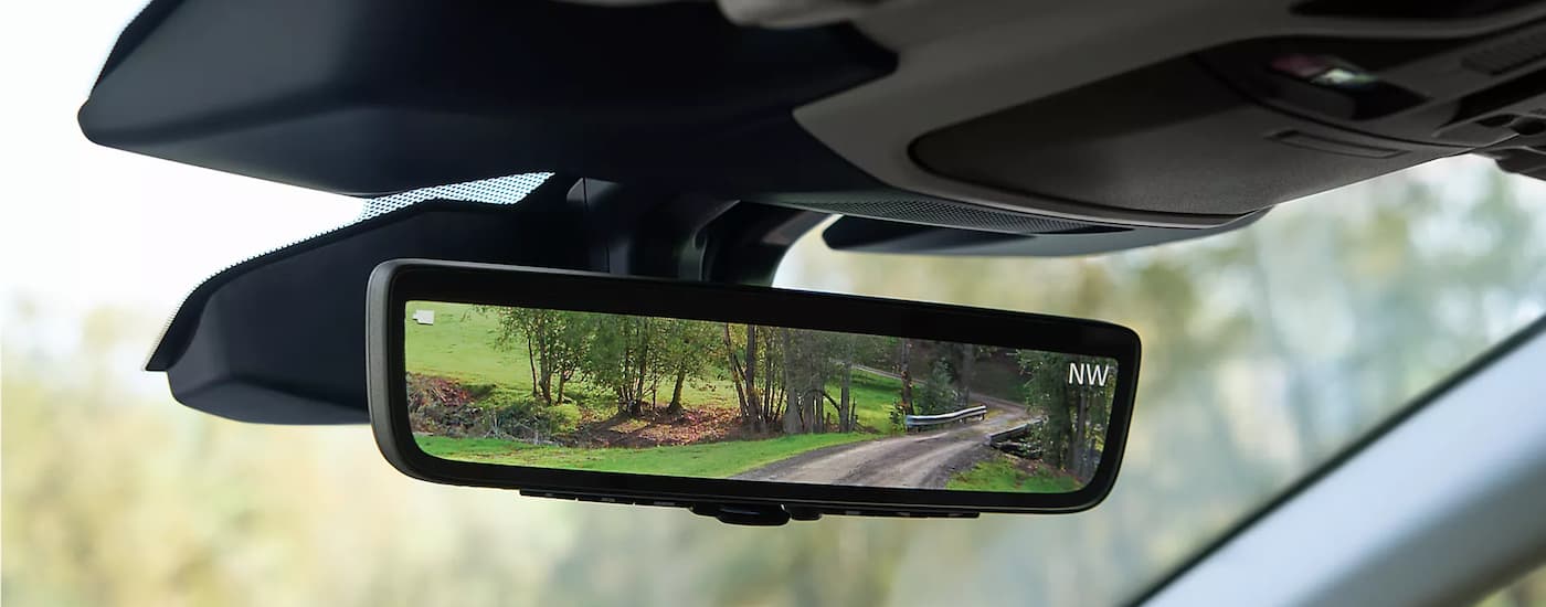 A close up of the smart mirror in a 2024 Subaru Outback at a Rock Hill dealer is shown.