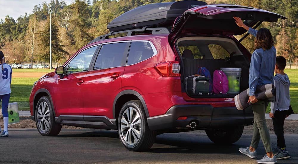 A family is shown getting gear from the rear cargo area of a red 2019 Subaru Ascent.