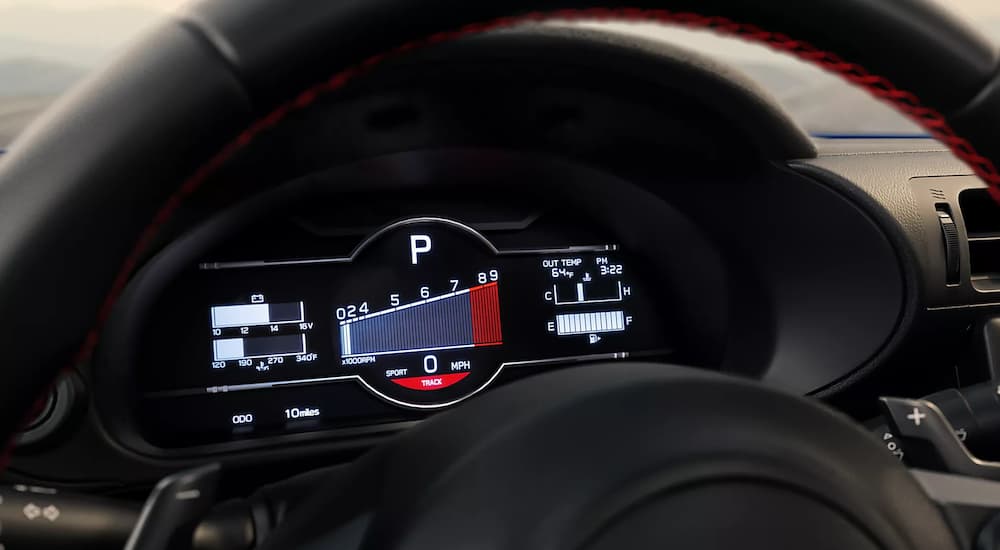 A close up shows the digital gauge and RPM display in a 2023 Subaru BRZ Limited.