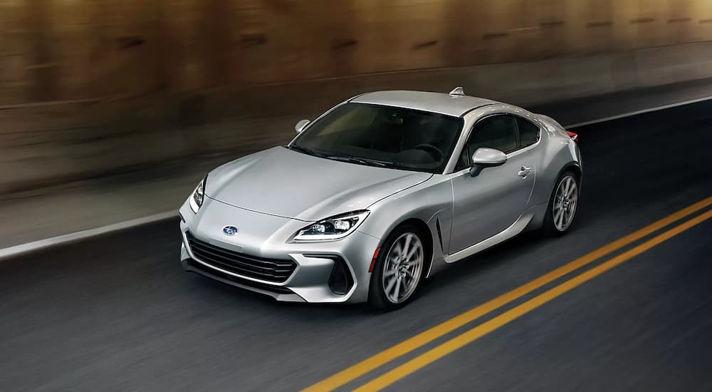 A silver 2023 Subaru BRZ Limited is shown from a high angle after leaving a Subaru BRZ dealership.