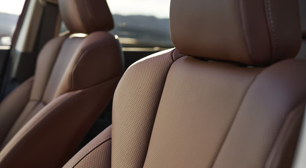 A close up shows the brown leather seats in a 2023 Subaru Ascent for sale.
