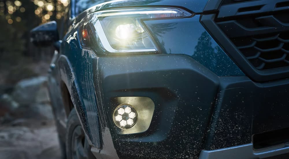A close up of the headlight on a blue 2023 Subaru Forester Wilderness is shown.