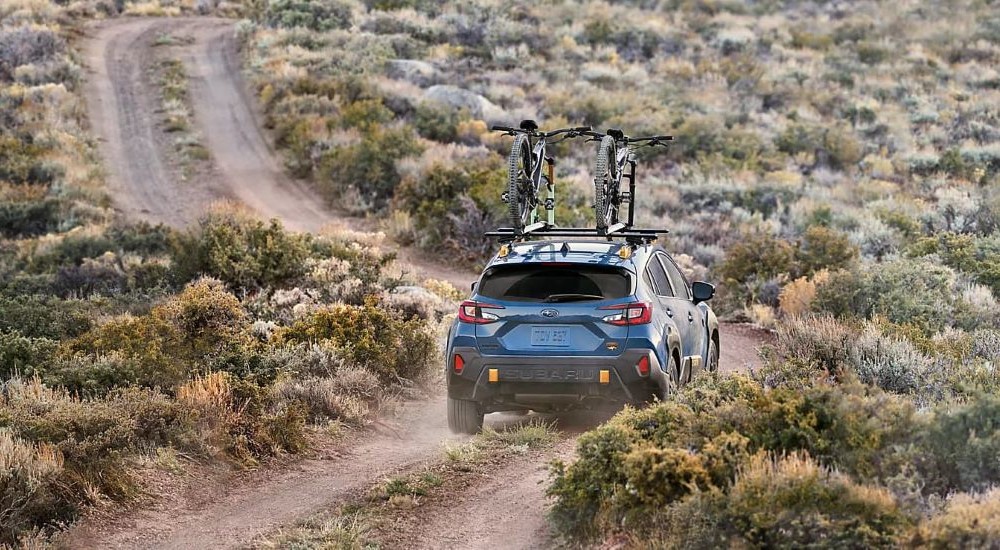 A blue 2024 Subaru Crosstrek WIlderness driving on a dirt trail with bicycles on the roof