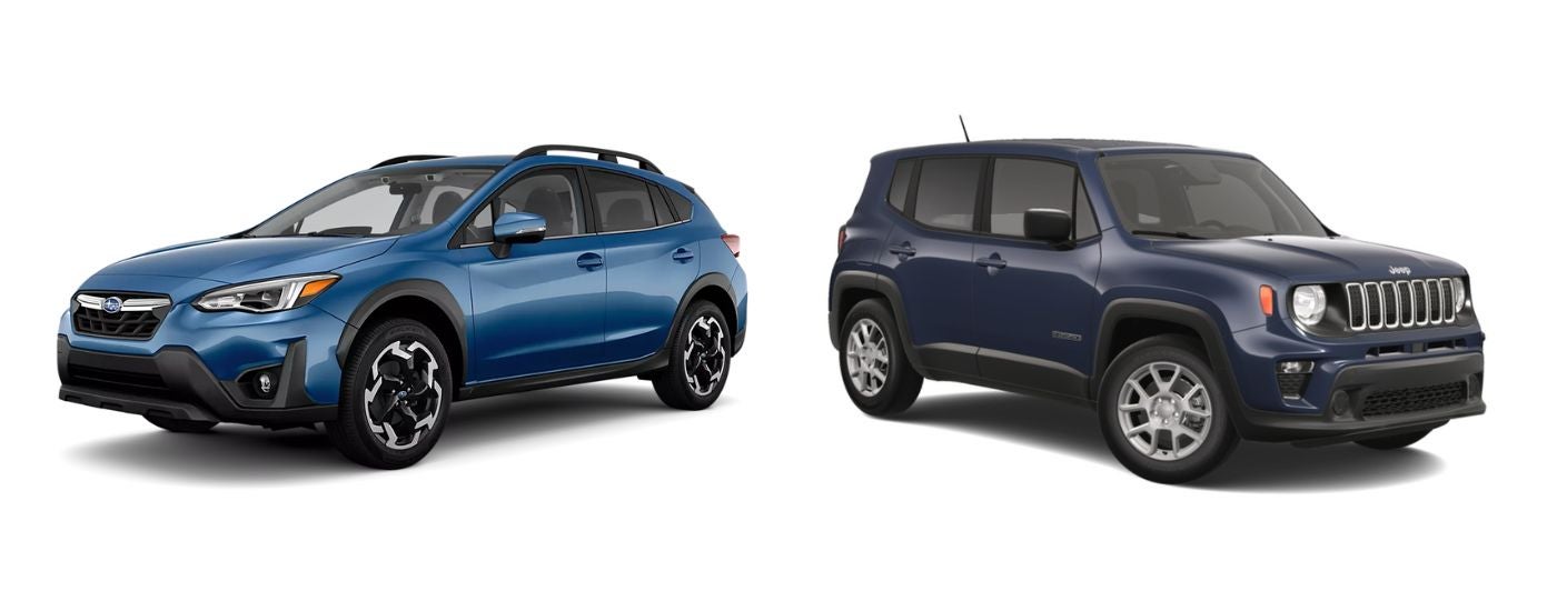 A blue 2023 Subaru Crosstrek and a dark blue 2023 Jeep Renegade angled away from each other on a white background