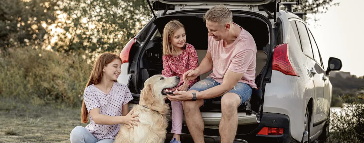 A family is shown sitting in the trunk of a car next to a dog.
