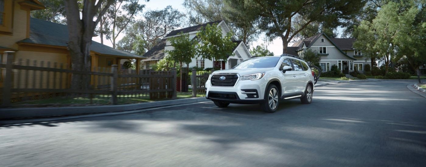 A white 2019 Subaru Ascent Limited is shown driving on a suburban street.